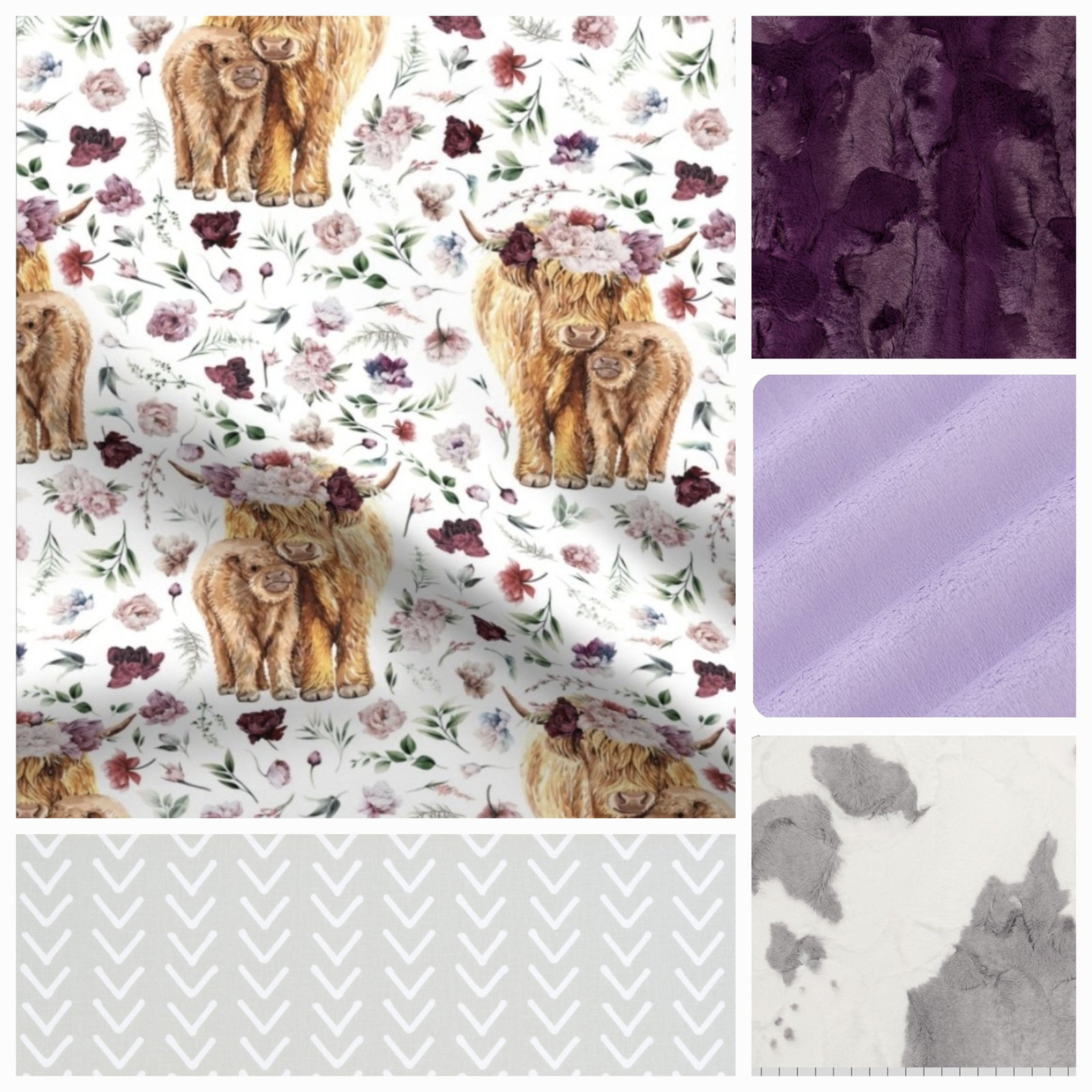 Floral Highland Cows Fabric - Maroon Floral Highland Cow - Baby