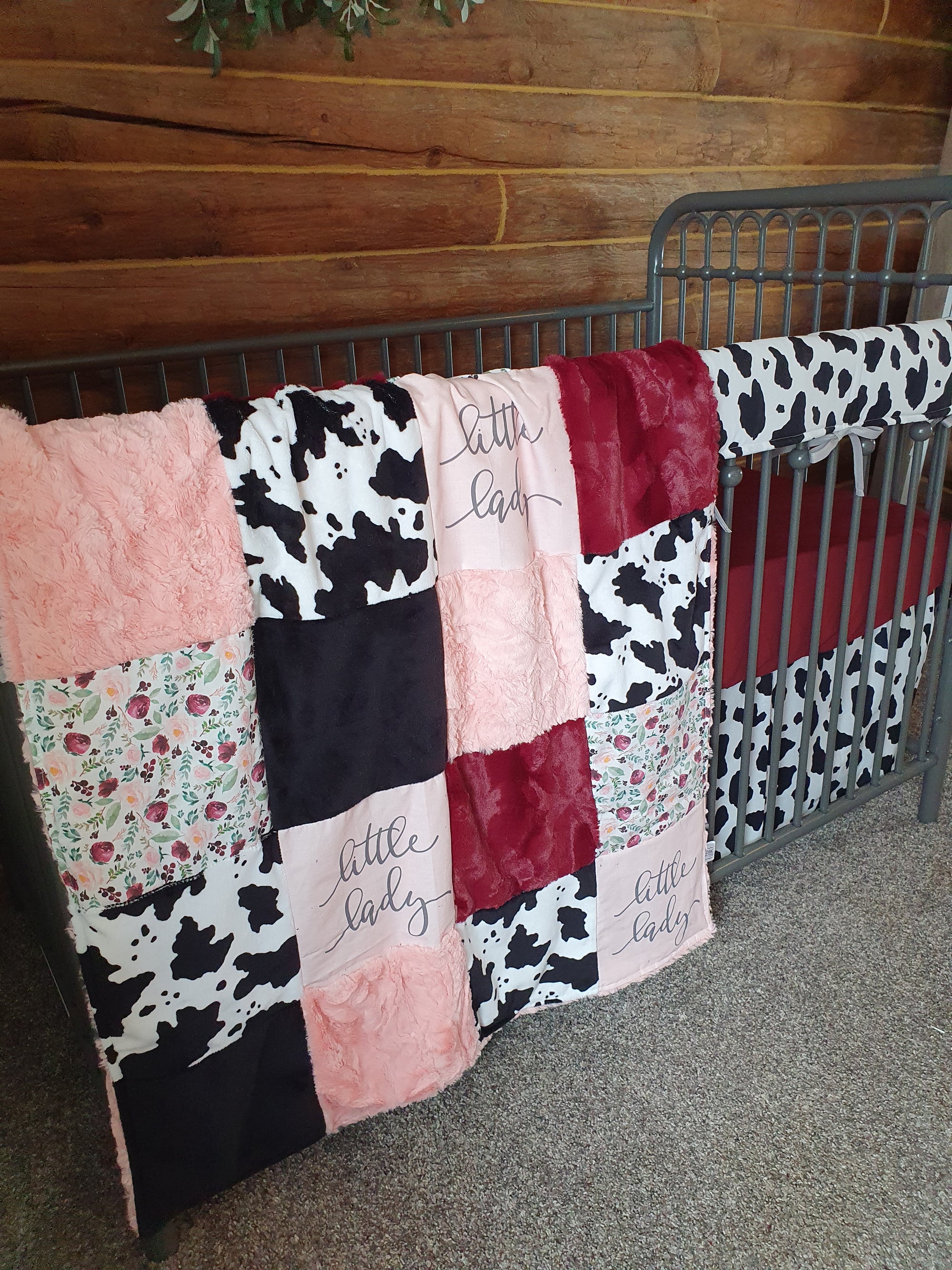 Girl Crib Bedding - Little Lady Floral and Black White Cow Minky Farm Baby Bedding Collection - DBC Baby Bedding Co 