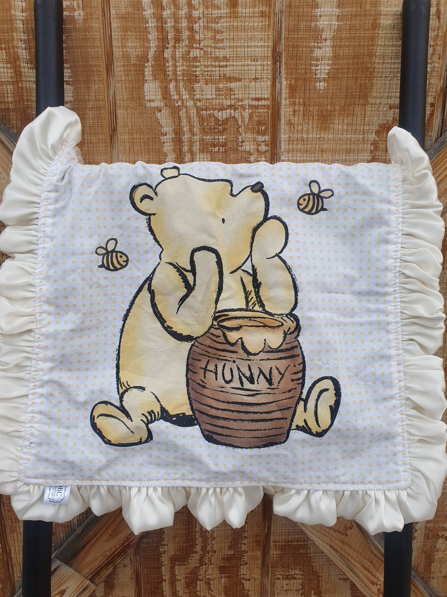Baby Lovey - Pooh Bear and brown minky with ivory satin ruffle - DBC Baby Bedding Co 