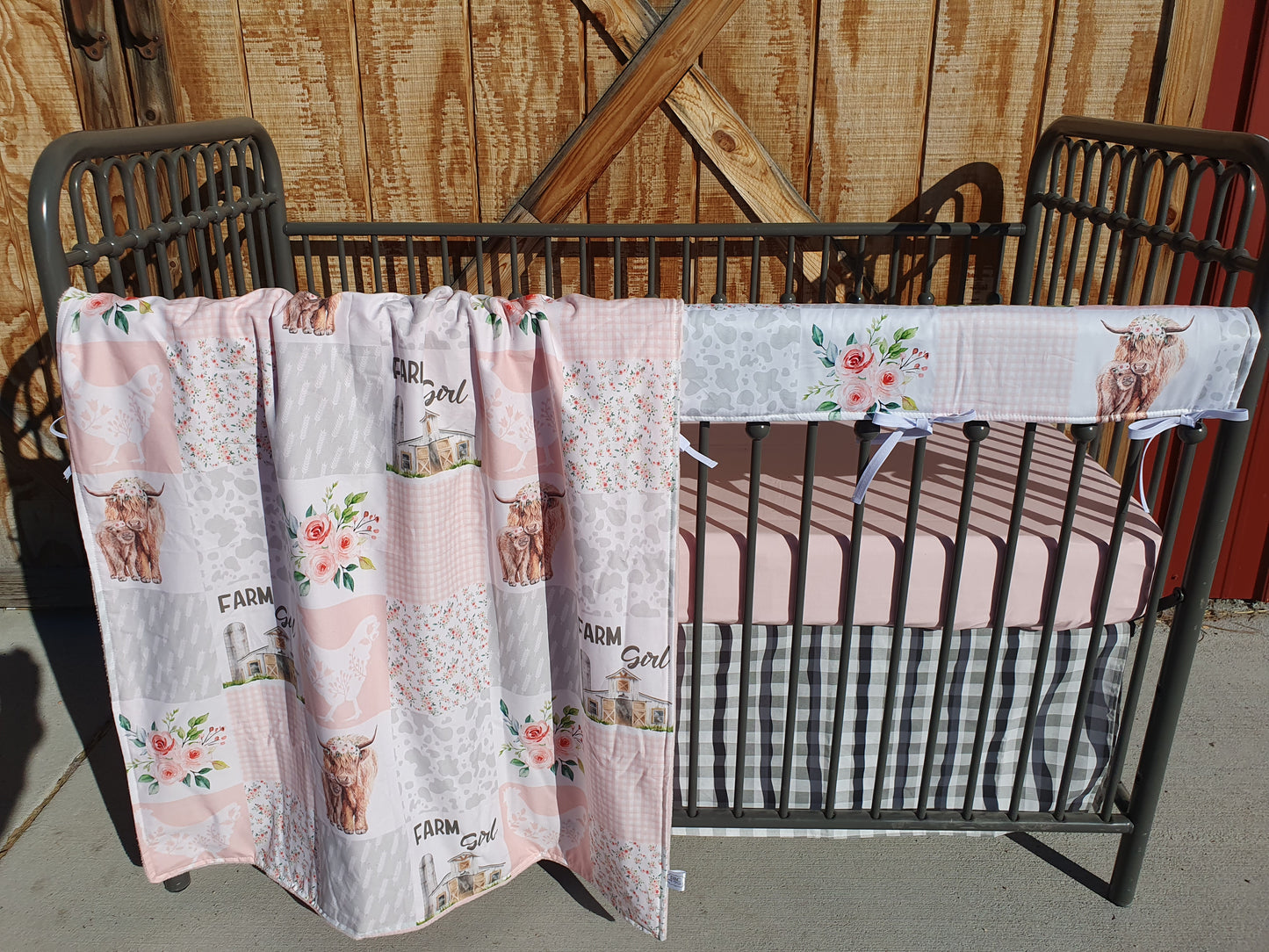 New Release Girl Crib Bedding - Highland Cow Farm Girl in Pink Gray Baby Bedding & Nursery Collection - DBC Baby Bedding Co 