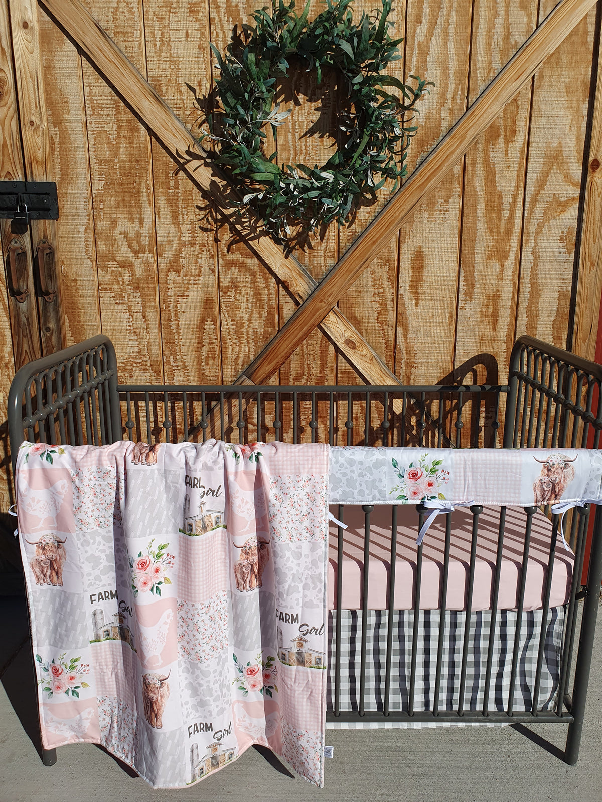 New Release Girl Crib Bedding - Highland Cow Farm Girl in Pink Gray Baby Bedding &amp; Nursery Collection