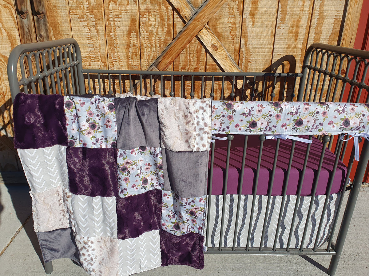New Release Girl Crib Bedding - Plum Floral and Lynx Minky Boho Baby &amp; Toddler Bedding Collection - DBC Baby Bedding Co 