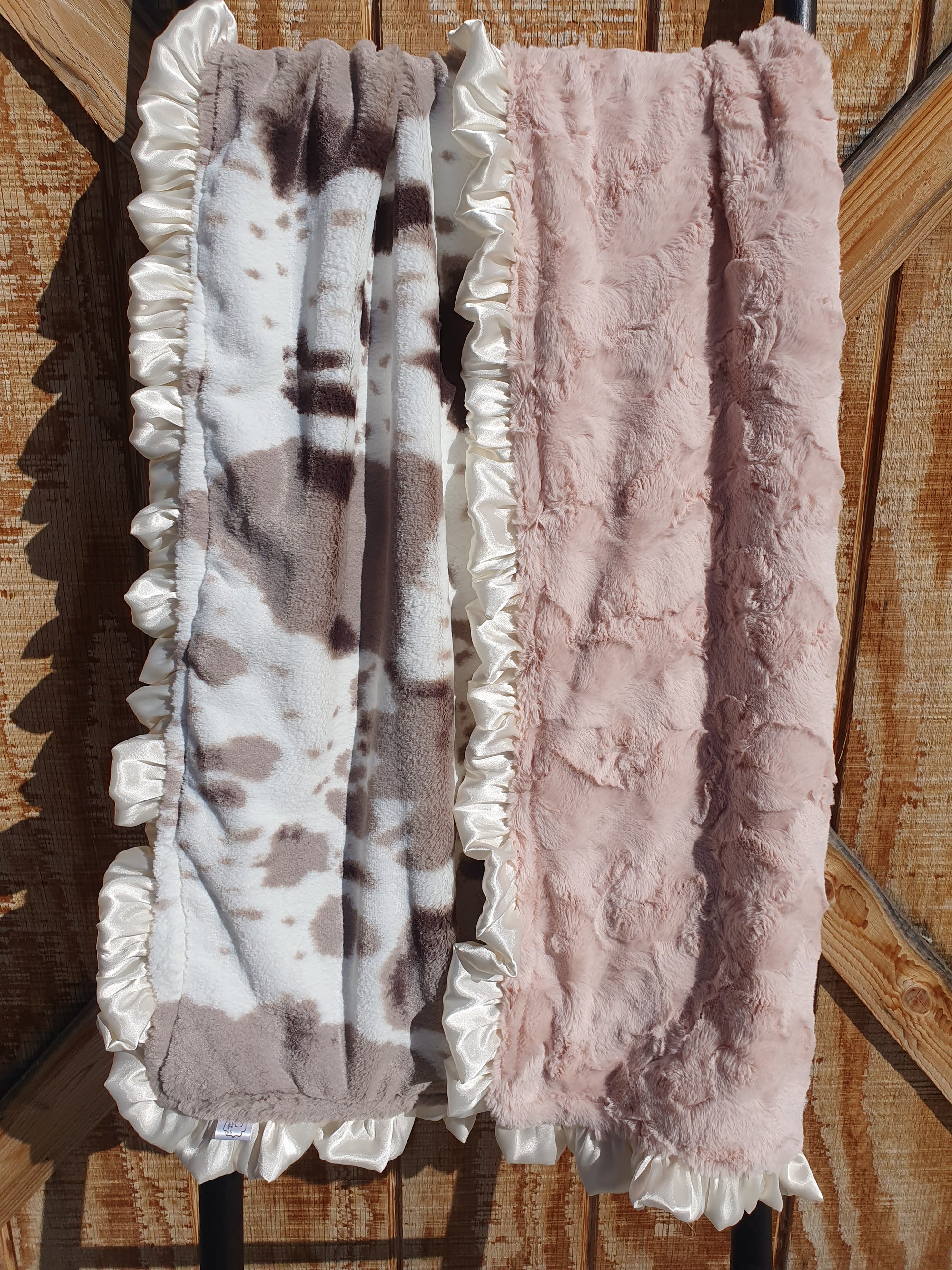 Ruffle Baby Blanket - Brown Sugar Cow Minky and Dusty Rose Minky - DBC Baby Bedding Co 