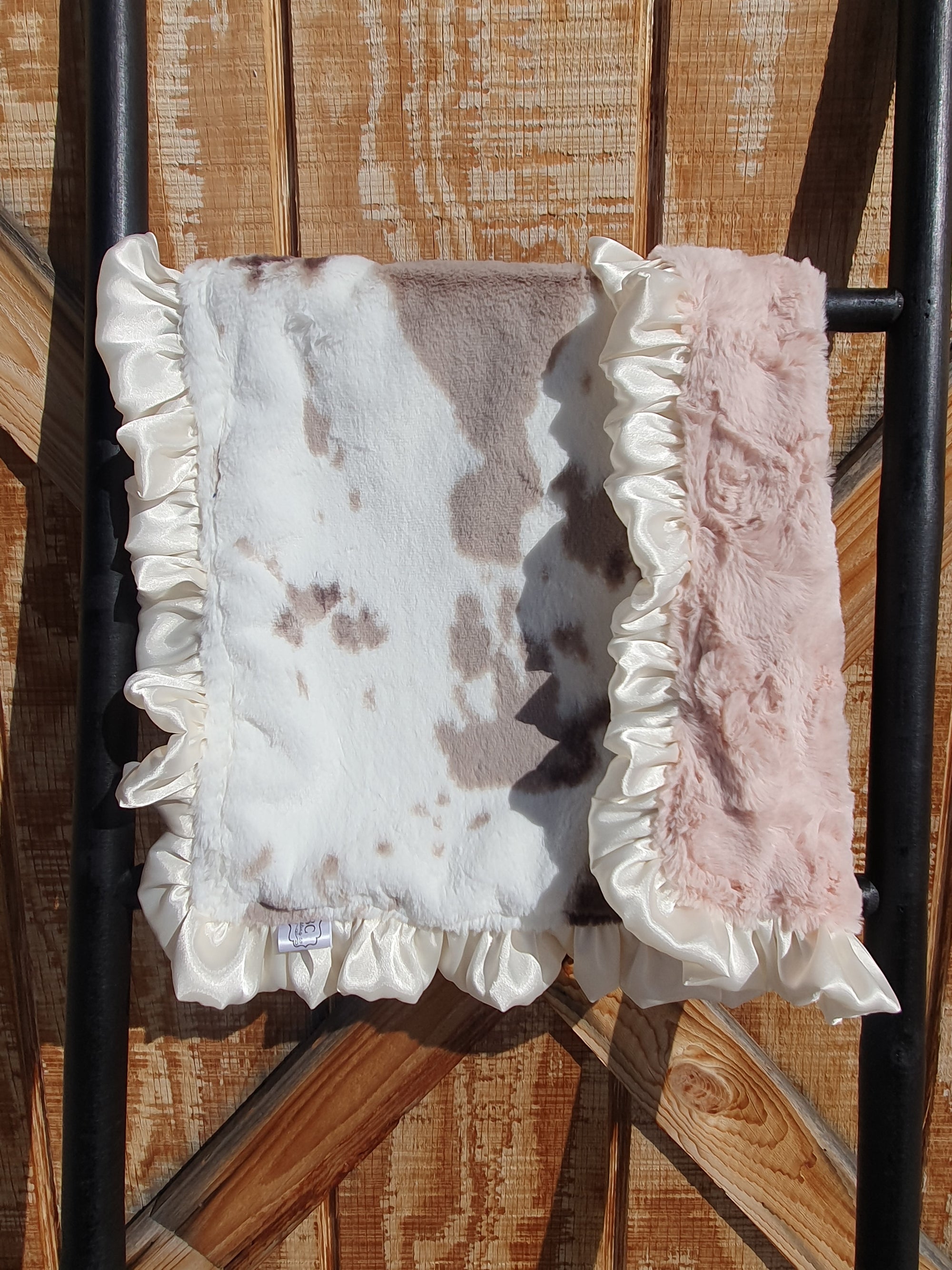 Baby Ruffle Lovey - Brown Sugar Cow and Dusty Rose Minky - DBC Baby Bedding Co 