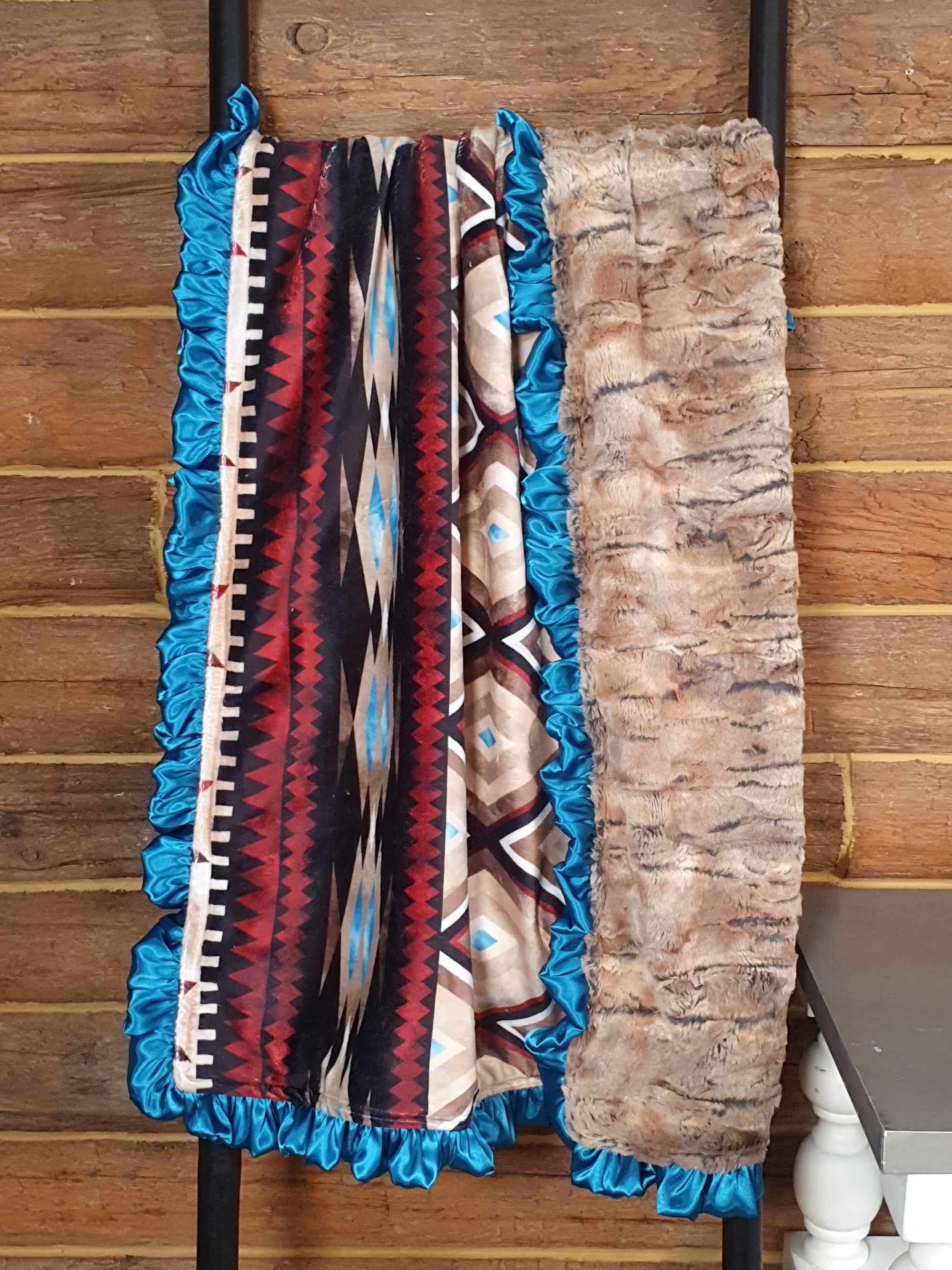 Live Blanket Sale - 32x36 Ruffle Baby Blanket, Honey Aztec and Fox Minky - DBC Baby Bedding Co 