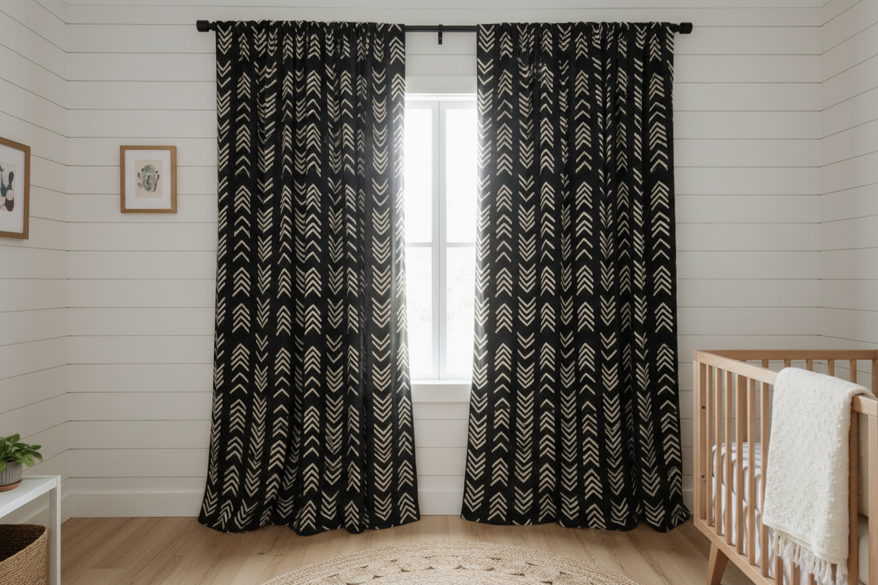Black curtains with white pattern in a room with a crib and small table.