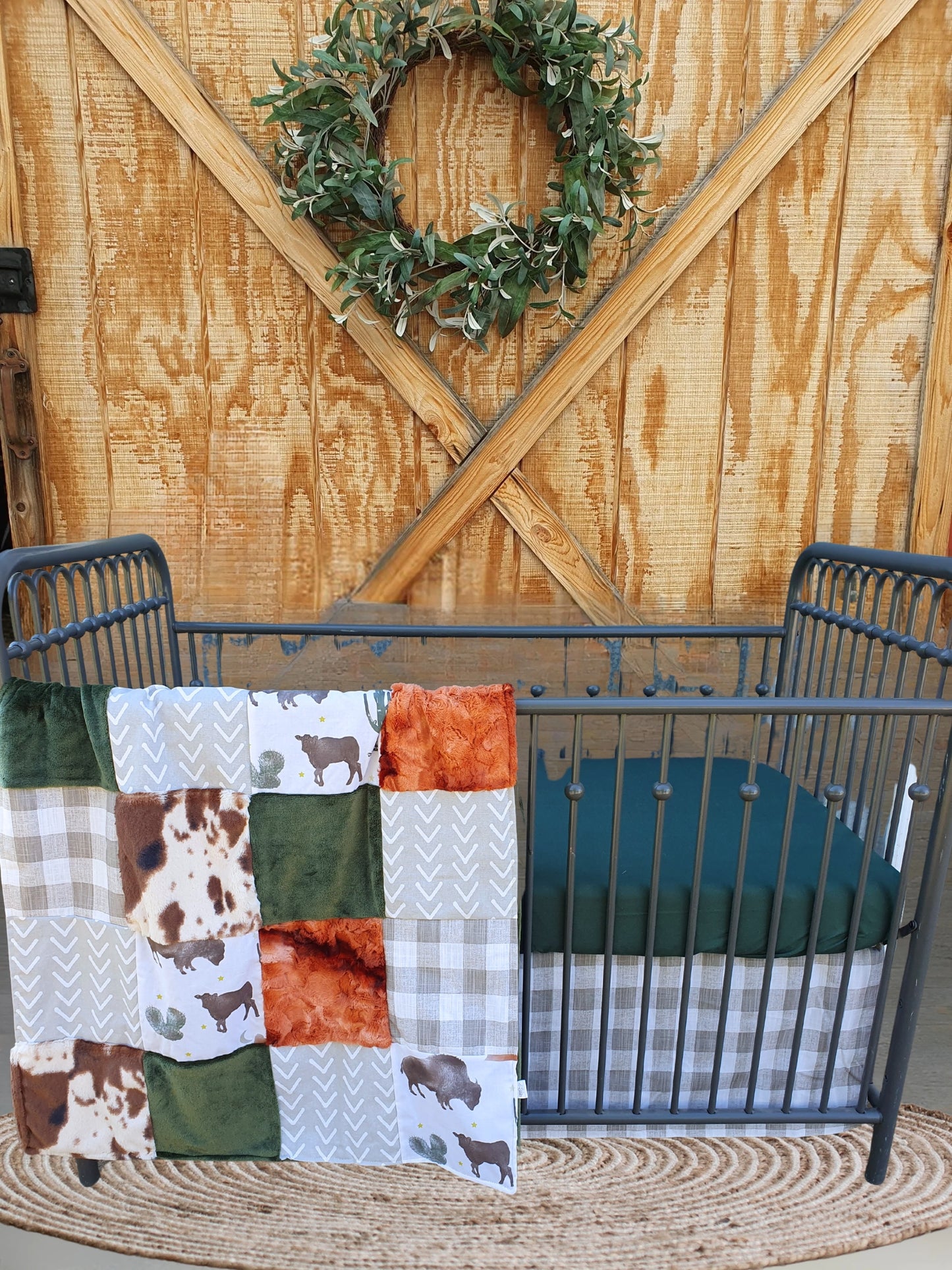 New Release Boy Crib Bedding- Buffalo Cactus Ranch and Cow Minky Western Baby & Toddler Bedding Collection