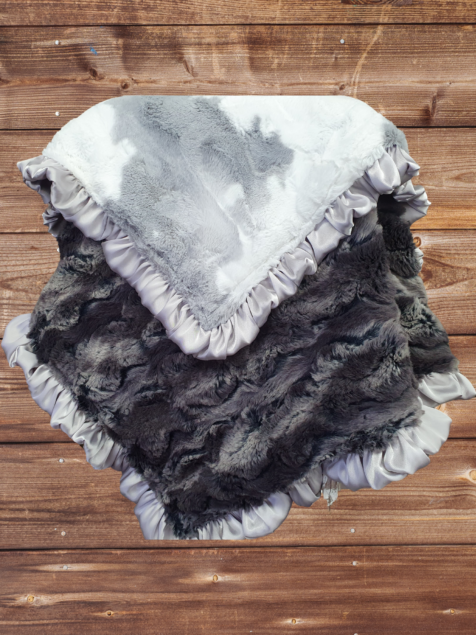 Baby Ruffle Blanket - Gray Calf Minky and Gray Wild Rabbit Western Blanket - DBC Baby Bedding Co 