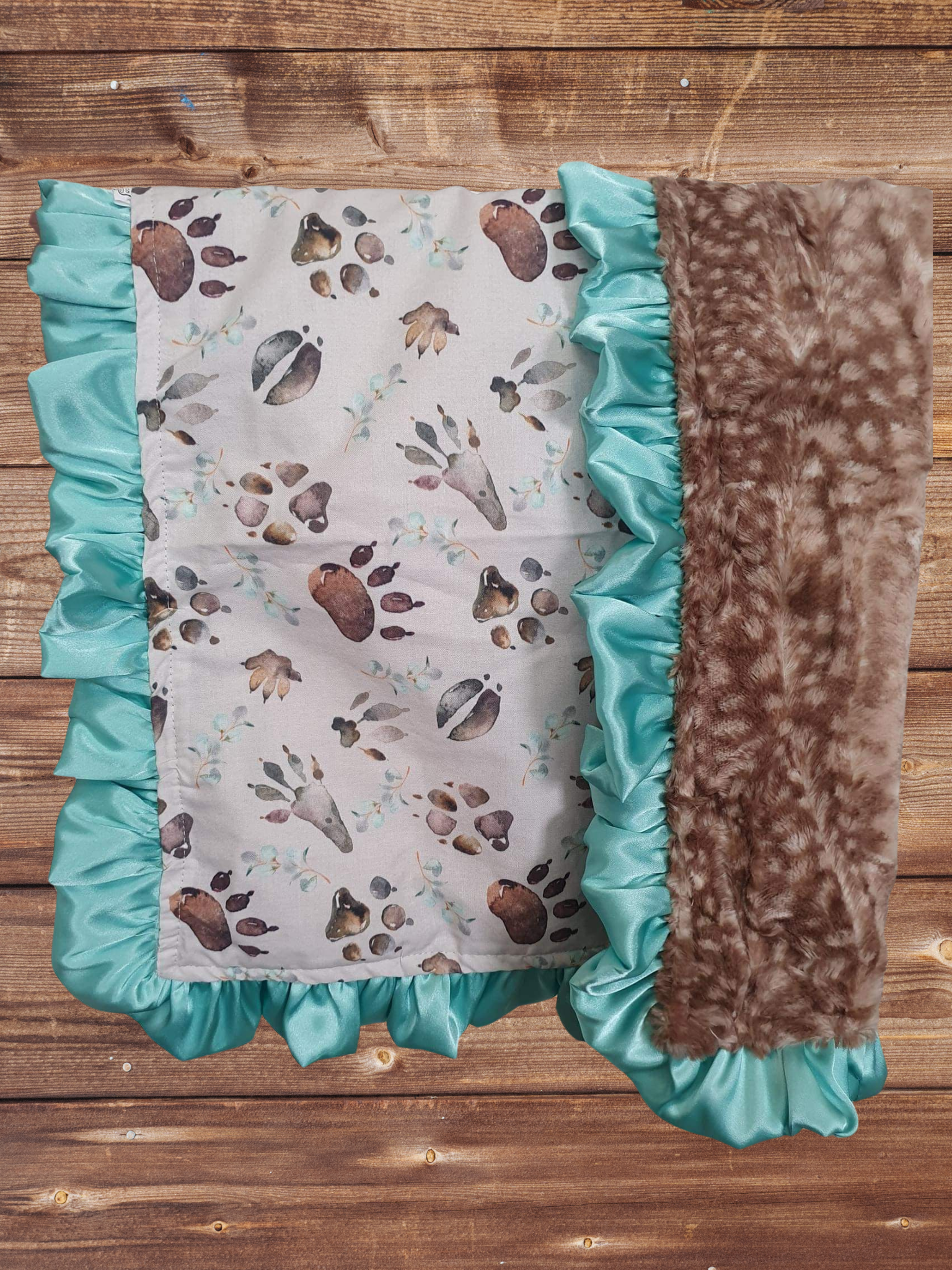 Baby Ruffle Blanket - Woodland Animal Tracks and Fawn Minky Woodland Blanket - DBC Baby Bedding Co 