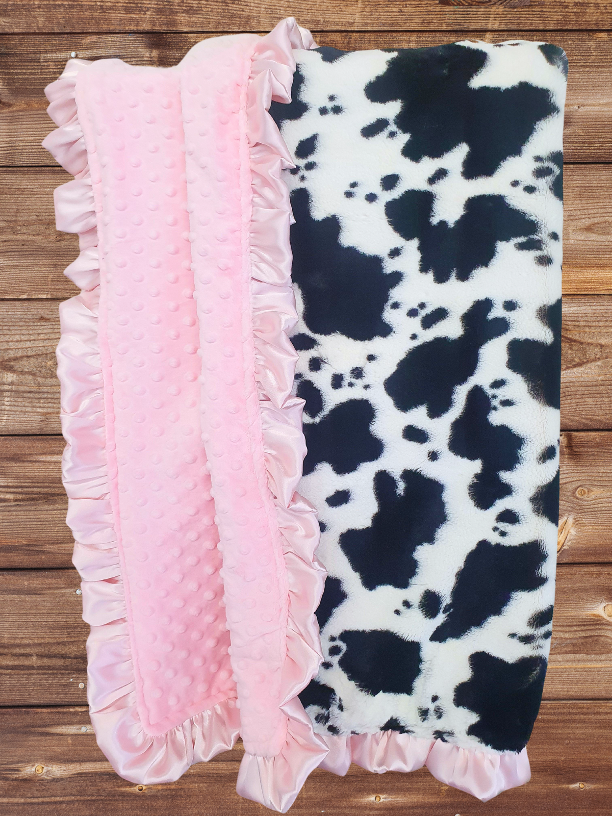 Ruffle Baby Blanket - Black White Cow Minky and Blush Minky Farm Blanket - DBC Baby Bedding Co 