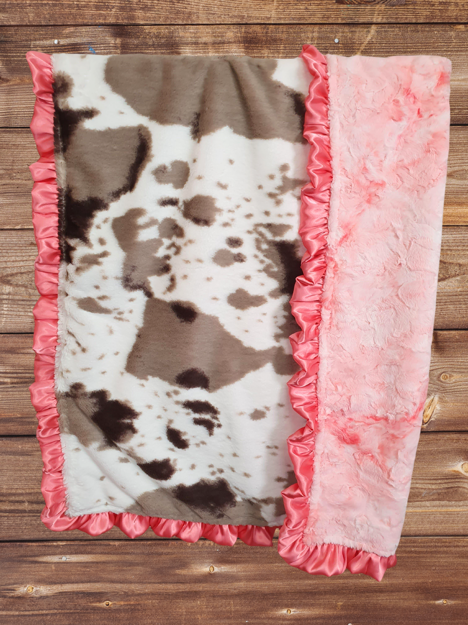 Ruffle Baby Blanket - Brown Sugar Cow and Blossom Minky Western Blanket - DBC Baby Bedding Co 