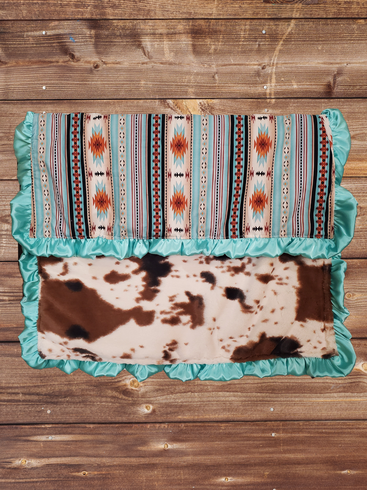 Ruffle Baby Blanket - Mint Aztec and Cow Minky Western Blanket - DBC Baby Bedding Co 