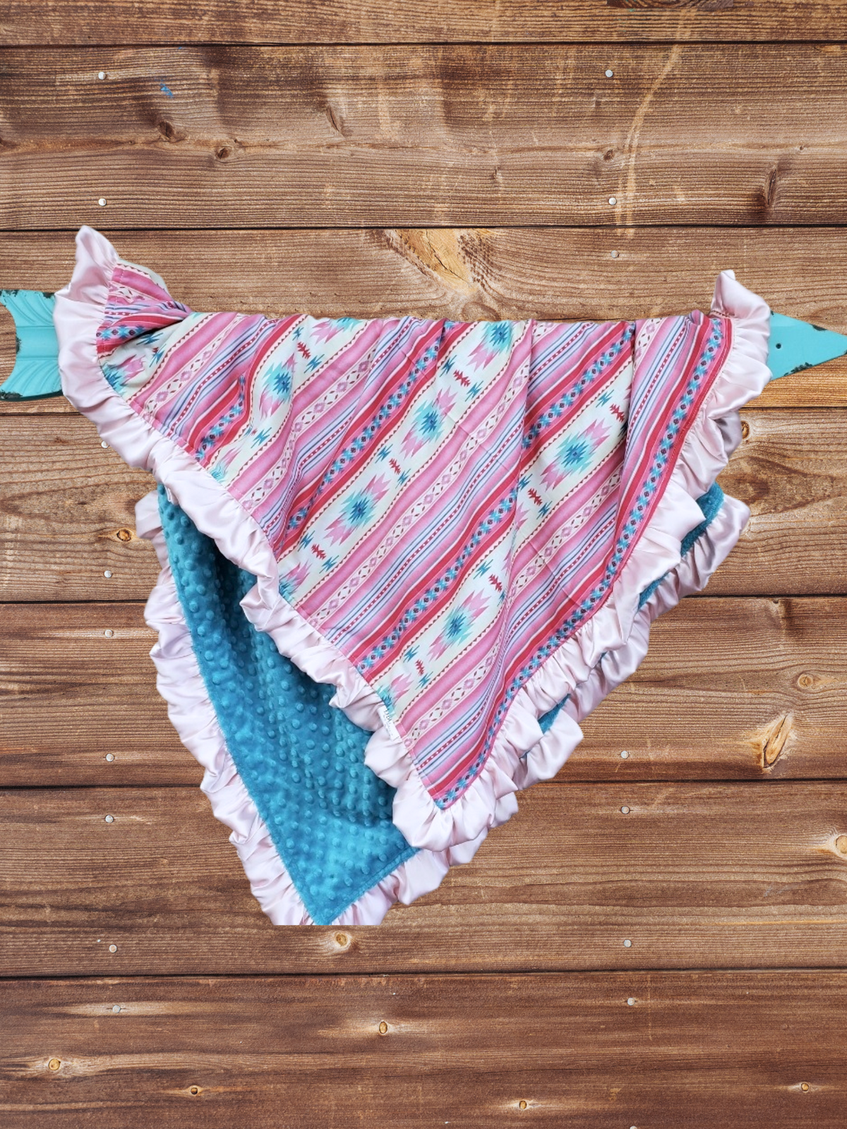 Ruffle Baby Blanket - Pink Aztec and Teal Minky Western Blanket - DBC Baby Bedding Co 