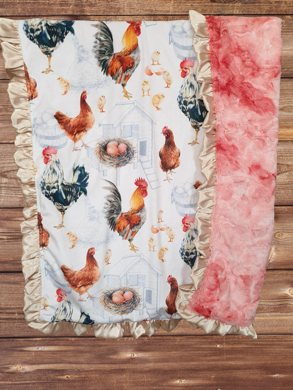 Ruffle Baby Blanket - Ruffle Chicken and Rose Quartz Minky Farm Blanket - DBC Baby Bedding Co 