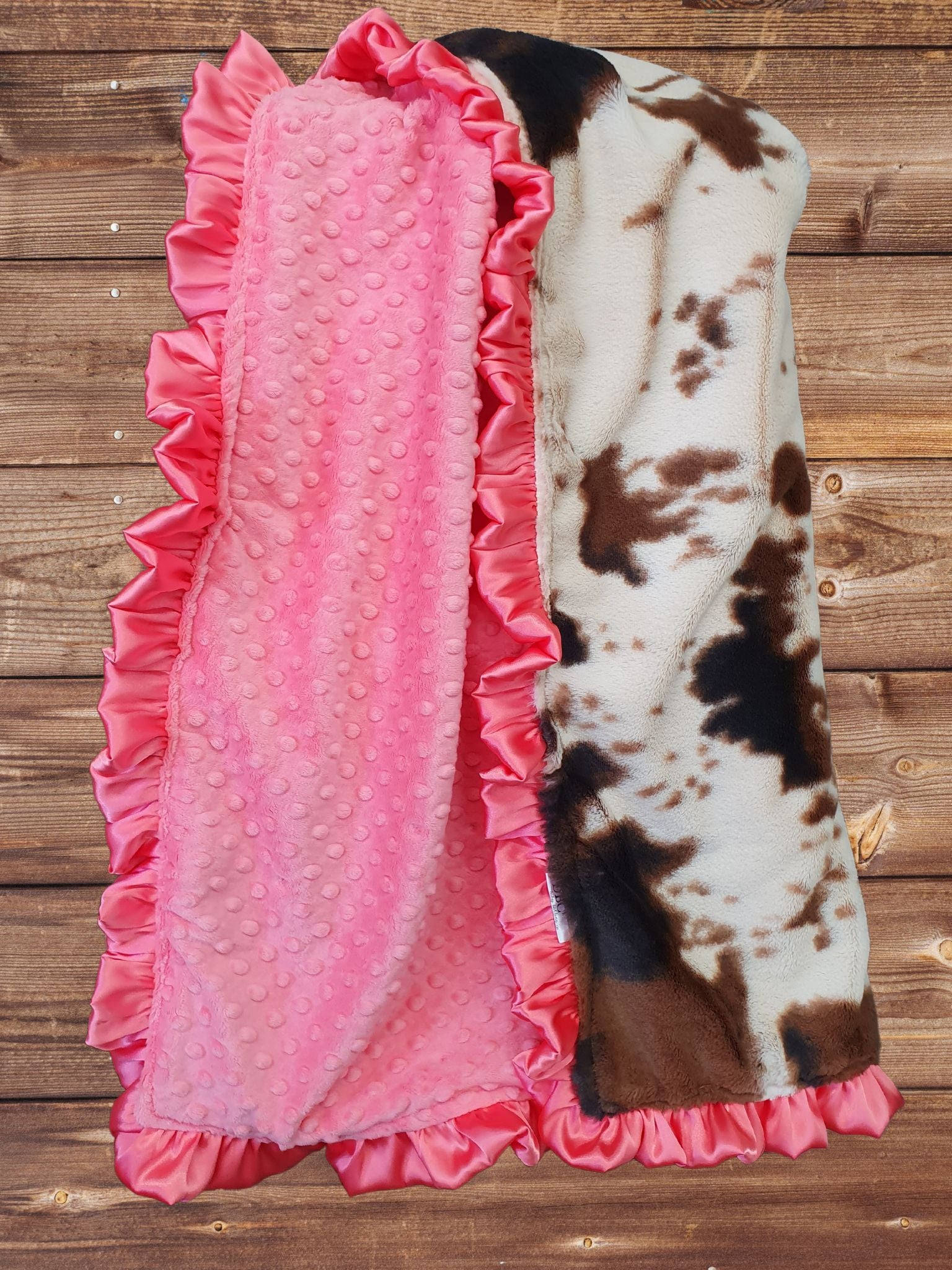 Baby Ruffle Blanket - Cow Minky and Coral Minky Western Blanket - DBC Baby Bedding Co 