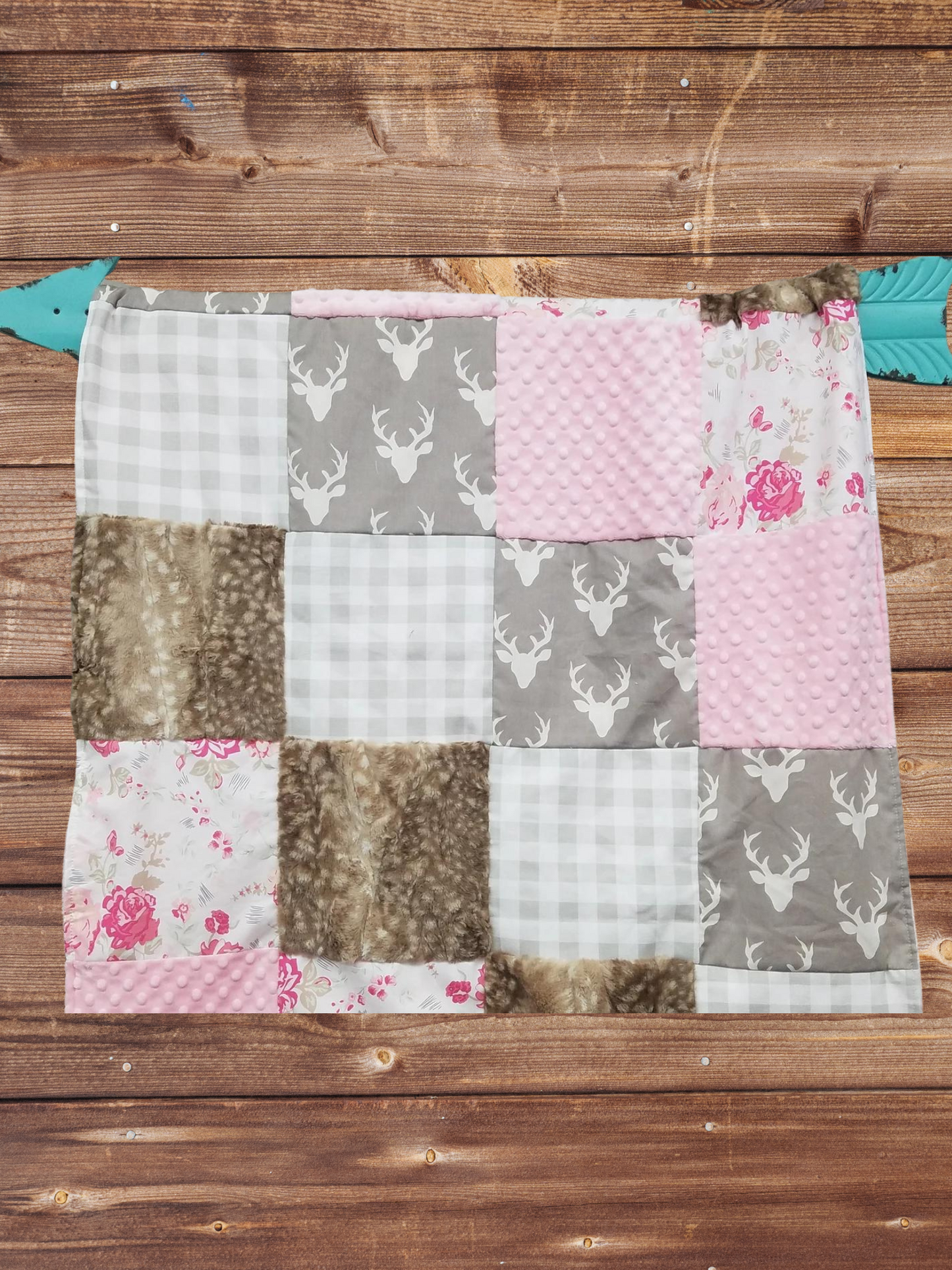 Patchwork Blanket - Buck, Roses, Fawn Minky Blanket - DBC Baby Bedding Co 