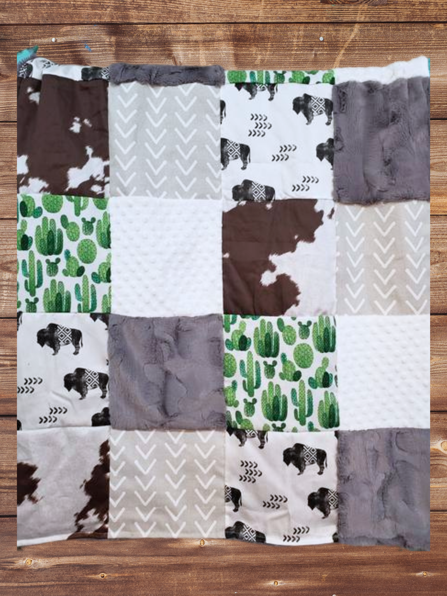 Patchwork Blanket - Buffalo, Cactus, Calf Minky Western Blanket - DBC Baby Bedding Co 