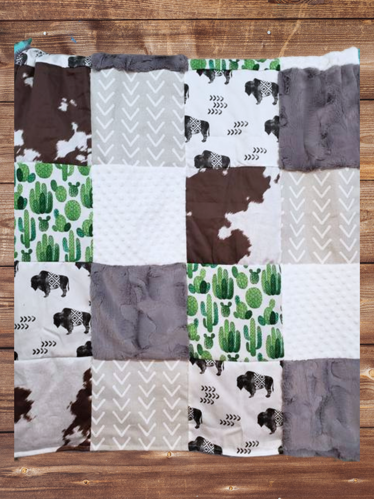Patchwork Blanket - Buffalo, Cactus, Calf Minky Western Blanket - DBC Baby Bedding Co 