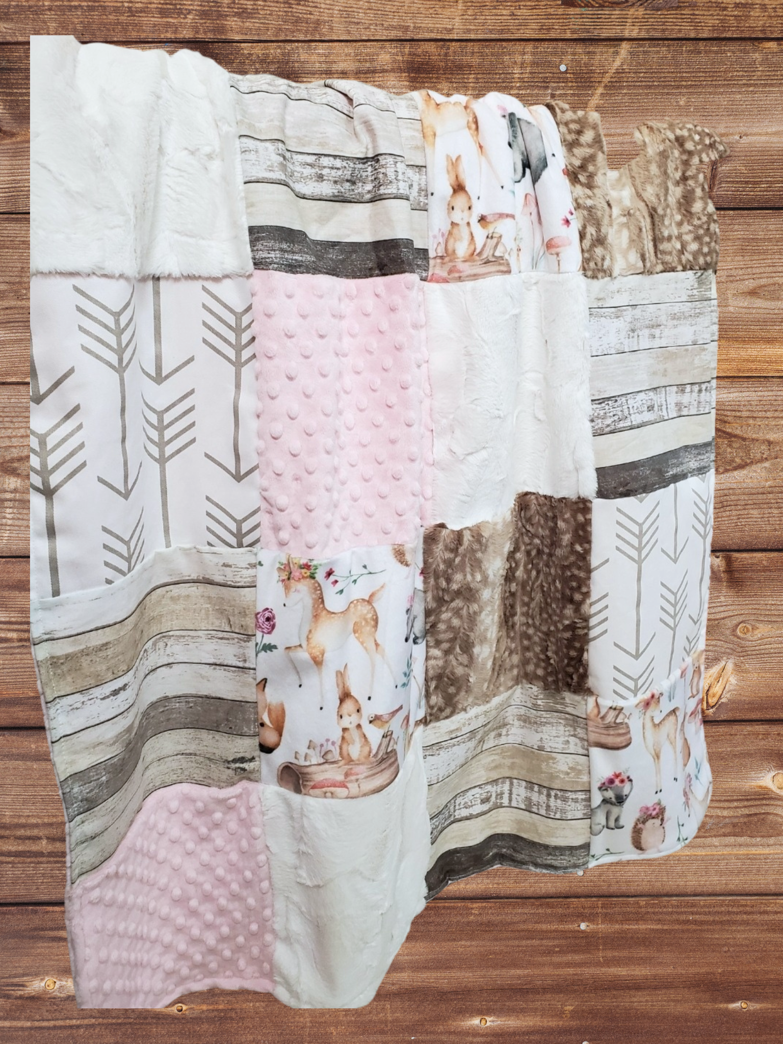 Patchwork Blanket - Floral Woodland Animals and Fawn Minky Woodland Blanket - DBC Baby Bedding Co 