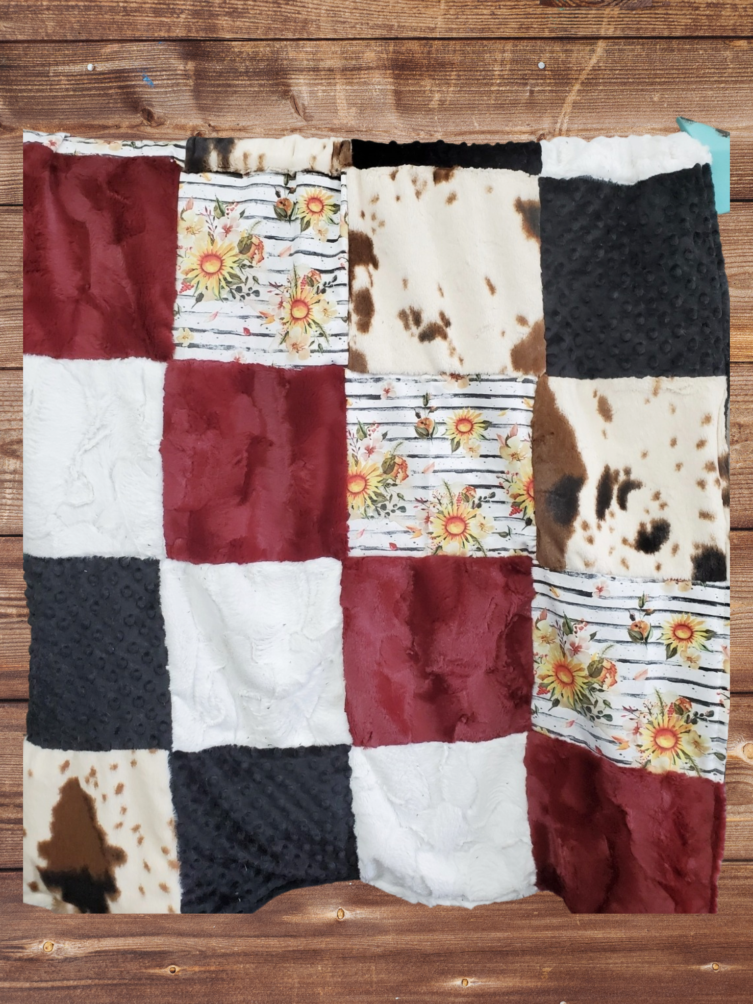 Patchwork Blanket - Sunflower and Cow Minky Western Blanket - DBC Baby Bedding Co 