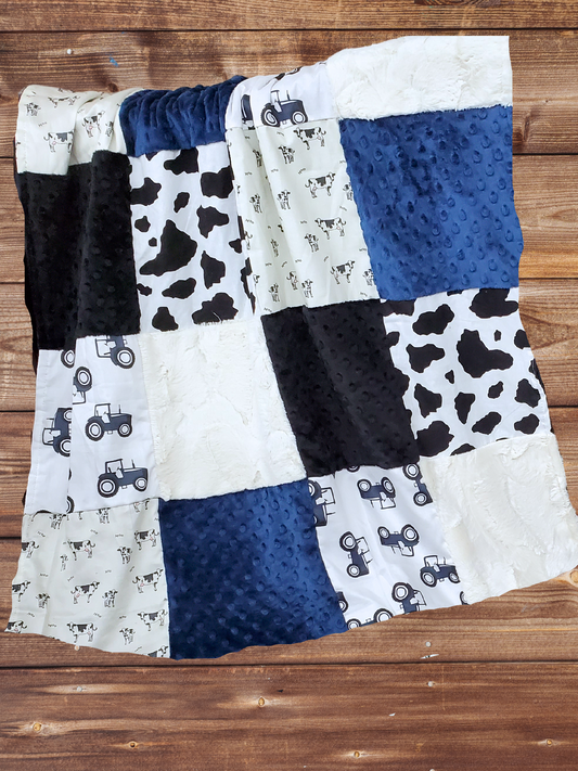 Patchwork Blanket - Tractors, Black White Cow Farm Blanket - DBC Baby Bedding Co 