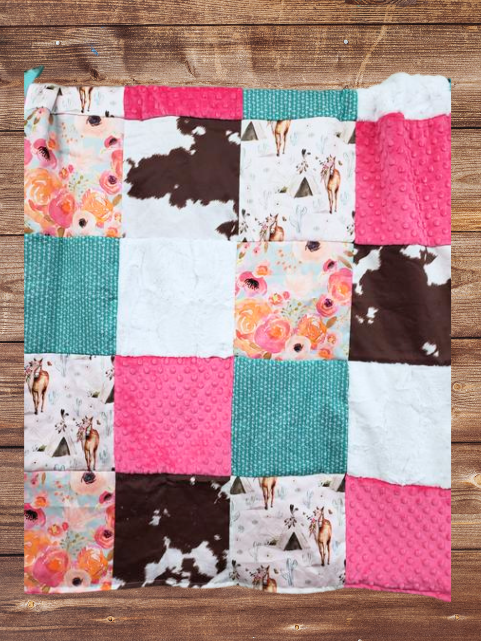 Patchwork Blanket -Boho Horse, Watercolor Floral, Calf Minky Western Blanket - DBC Baby Bedding Co 