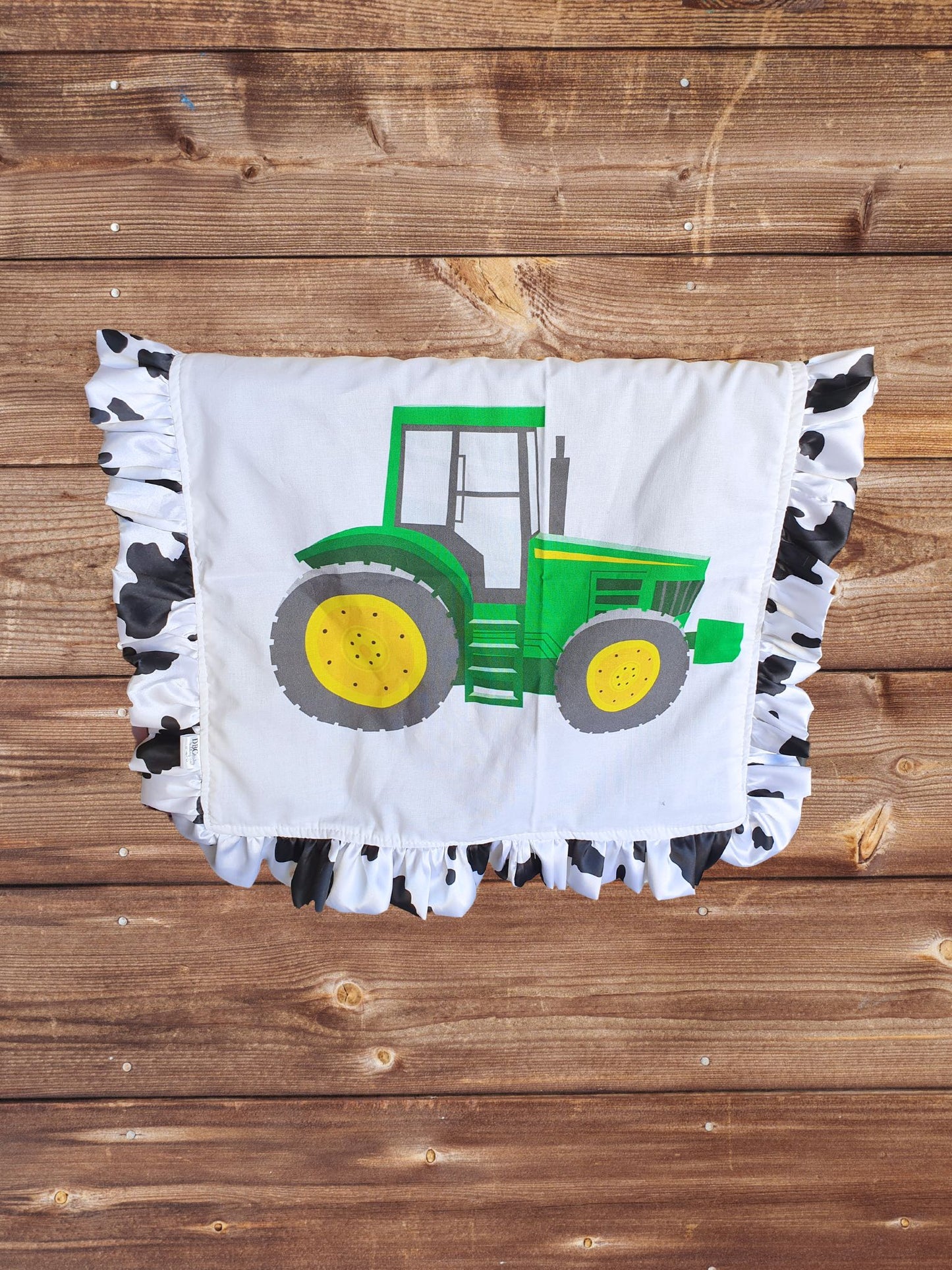 Ruffle Baby Lovey - Tractor and black minky with black white cow print satin ruffle