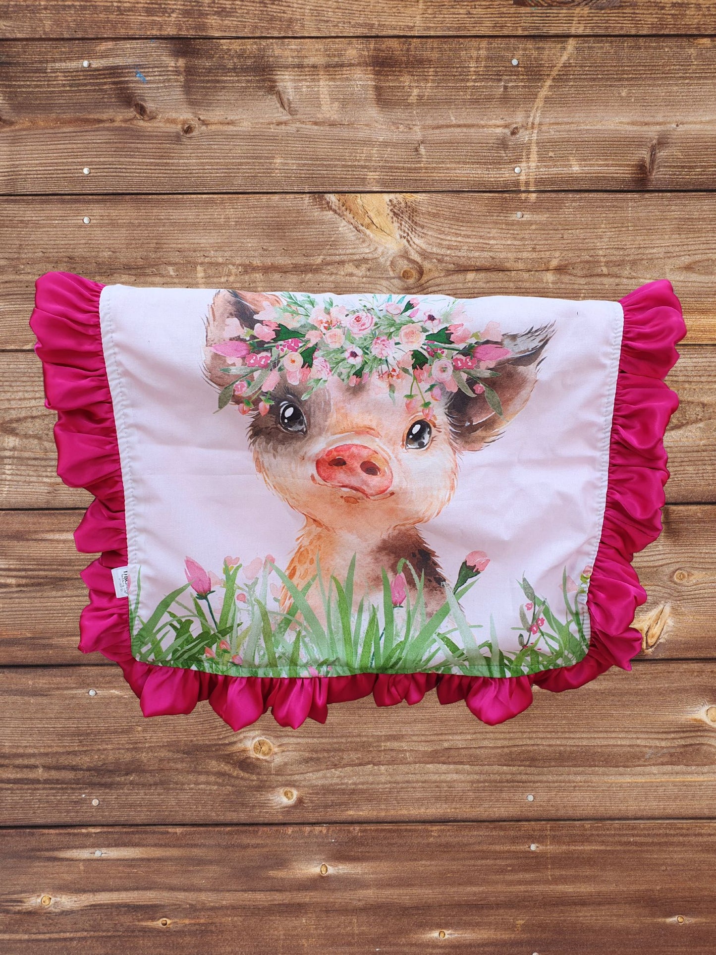 Ruffle Baby Lovey - Wild Flower Pig and blush minky with fuschia satin ruffle