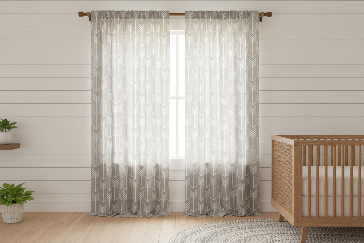 Gray arrow curtains in nursery