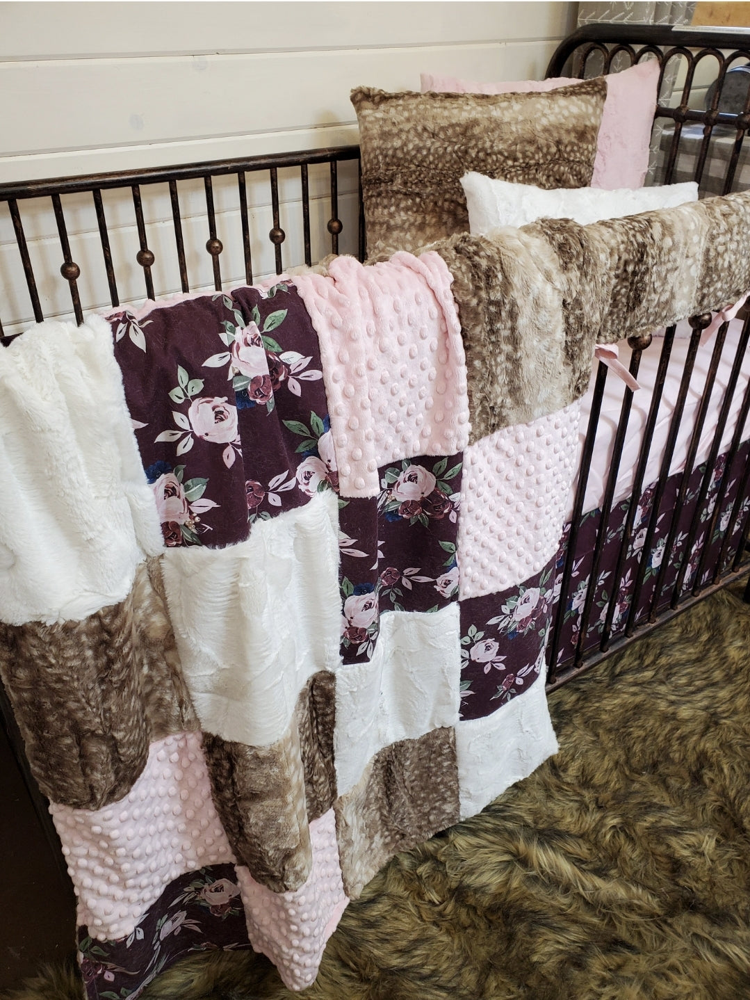 New Release Girl Crib Bedding- Maroon Floral and Fawn Minky Baby Bedding &amp; Nursery Collection - DBC Baby Bedding Co 