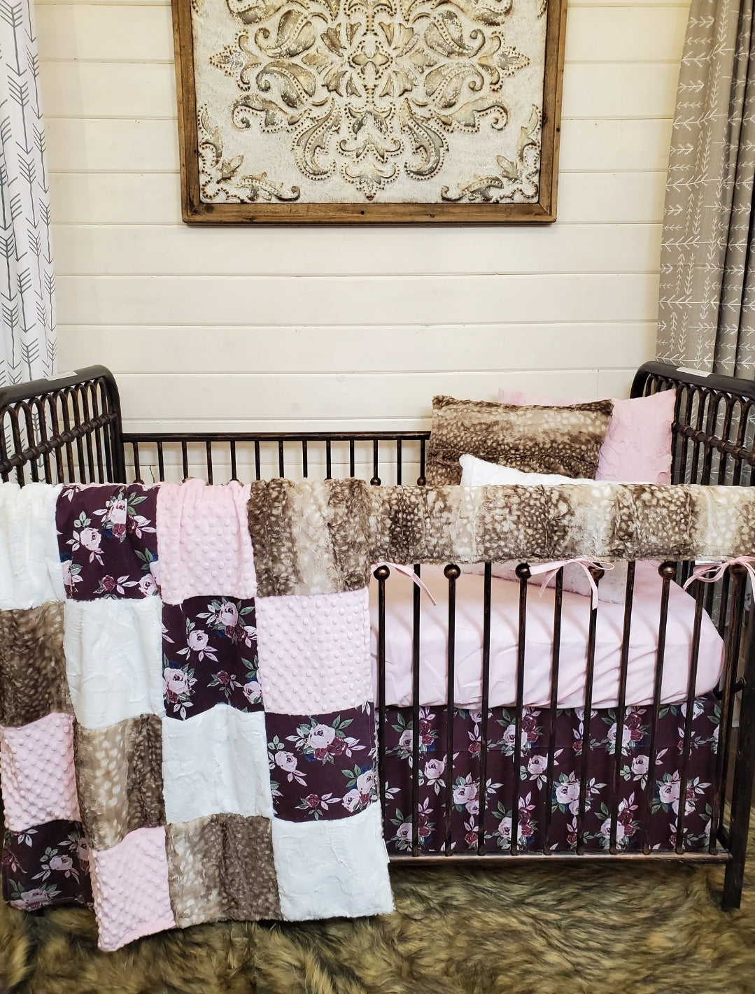 New Release Girl Crib Bedding- Maroon Floral and Fawn Minky Baby Bedding & Nursery Collection - DBC Baby Bedding Co 