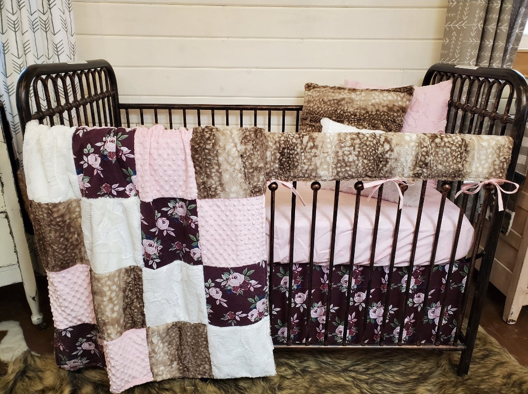 New Release Girl Crib Bedding- Maroon Floral and Fawn Minky Baby Bedding & Nursery Collection - DBC Baby Bedding Co 