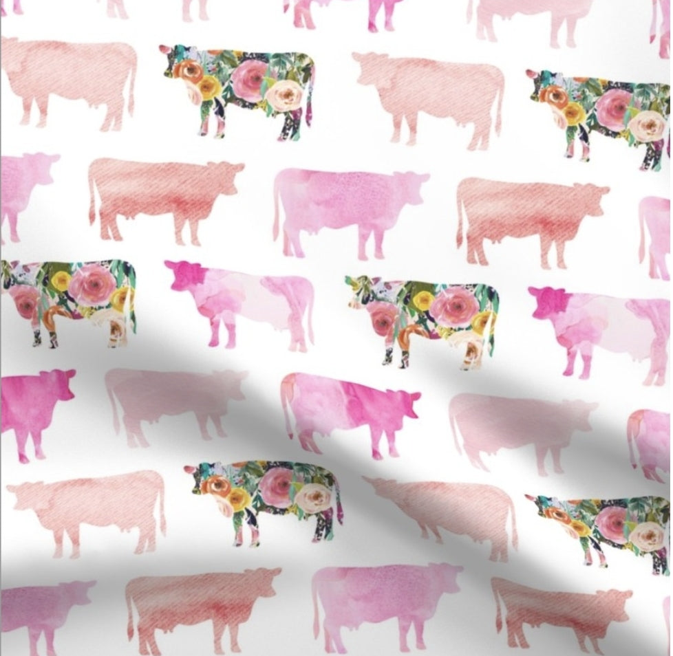 Crib Sheet - Pink Watercolor and Floral Cows - DBC Baby Bedding Co 