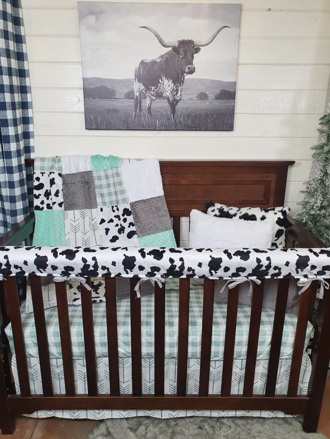 Neutral Crib Bedding- Farmhouse Mint and Black White Cow Minky Baby Bedding Collection - DBC Baby Bedding Co 