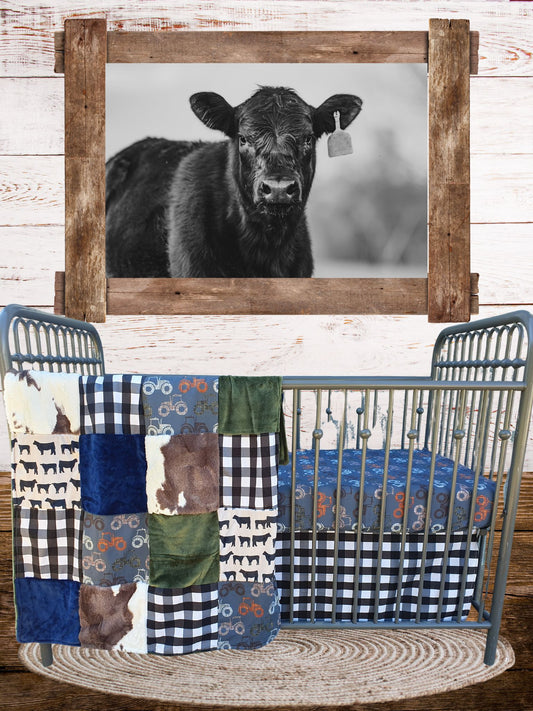 New Release Boy Crib Bedding- Tractor, Angus, and Cow Minky Farm Baby Bedding & Nursery Collection