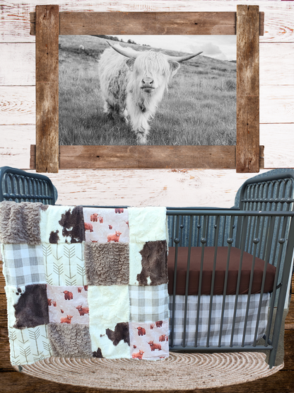 New Release Neutral Crib Bedding - Highland Cow and Brownie Calf Minky Farm Baby Bedding & Nursery Collection