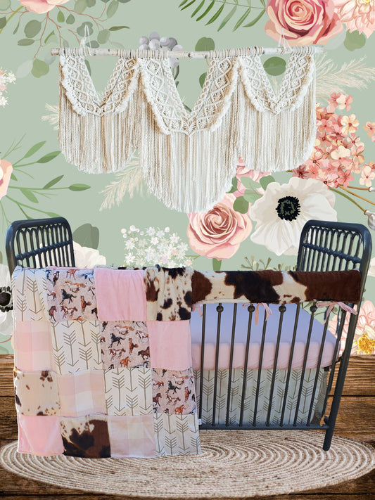 New Release Girl Crib Bedding- Horse Farmhouse and Cow Minky Baby & Toddler Bedding Collection