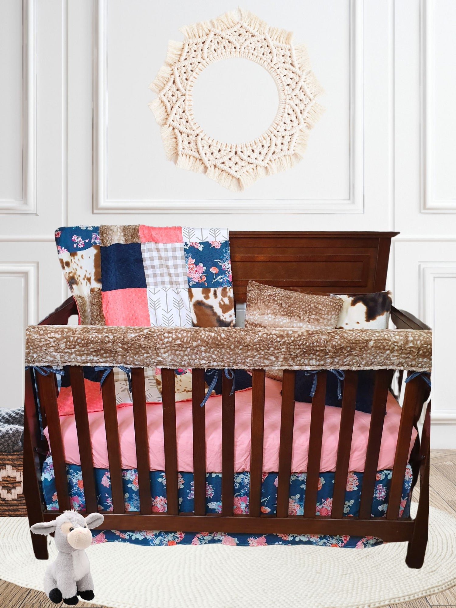 Cow Minky, Fawn Minky, & Navy Floral Woodland Western Girl Crib Bedding