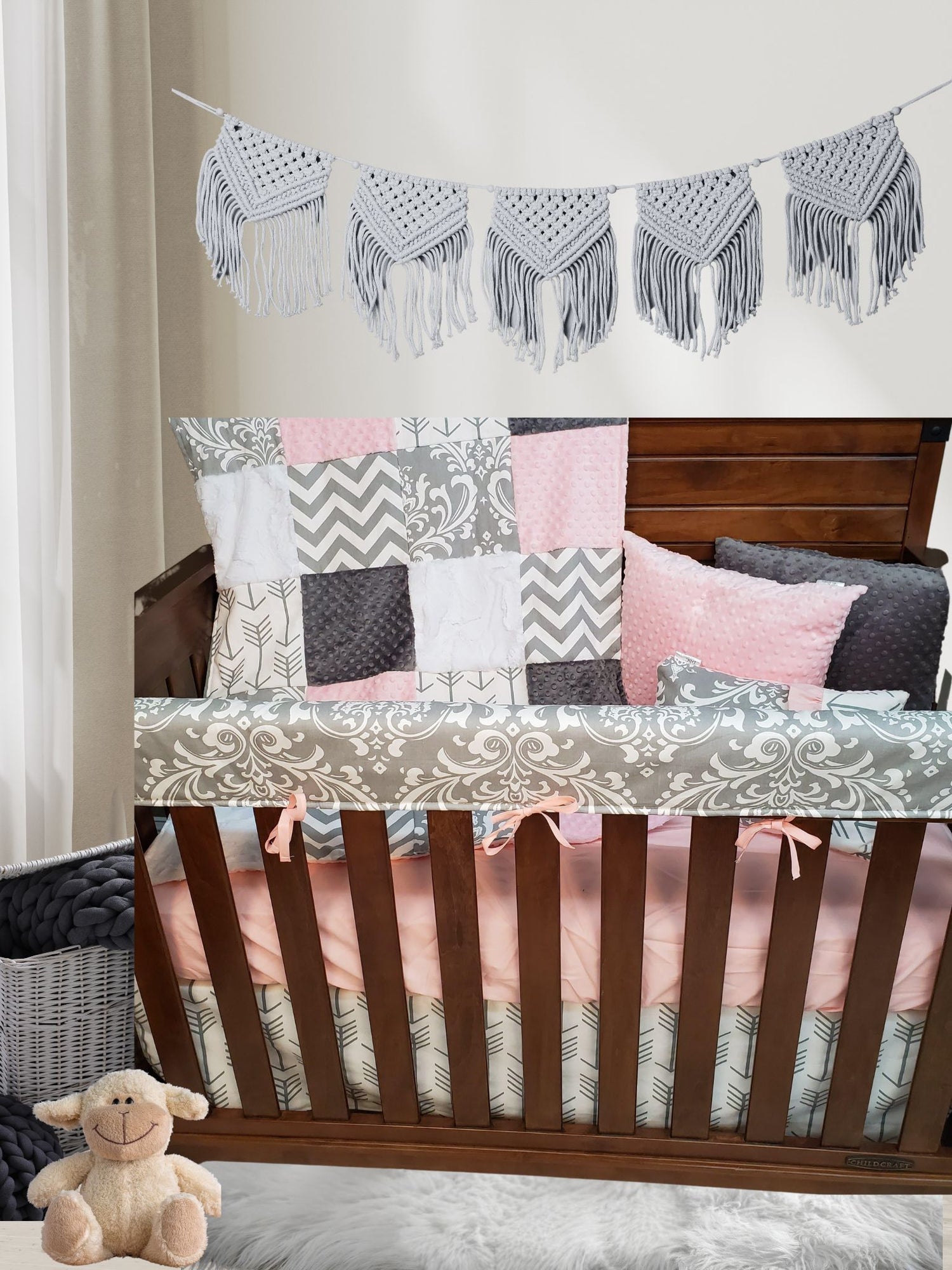 Elegant Damask and Arrow Girl Crib Bedding