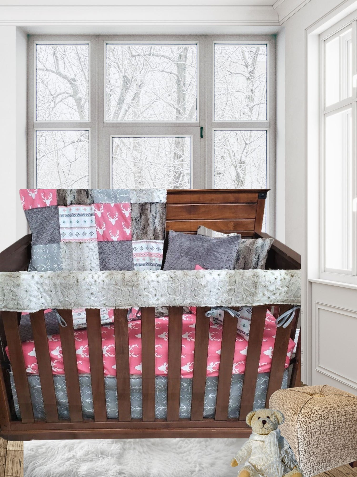 Pink Buck and Lynx Minky Woodland Girl Crib Bedding