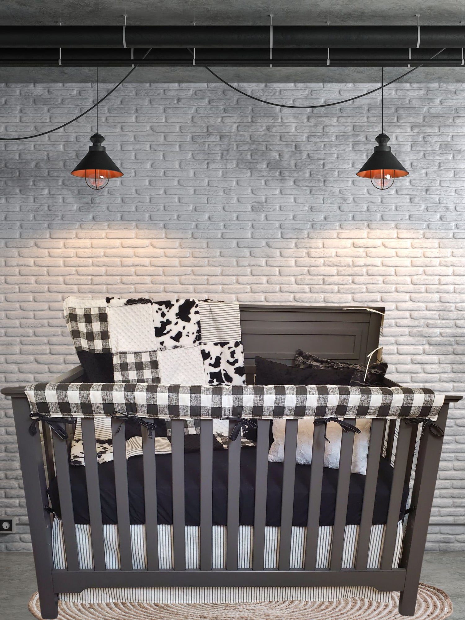 Farmhouse and Black Cow Minky Neutral Crib Bedding