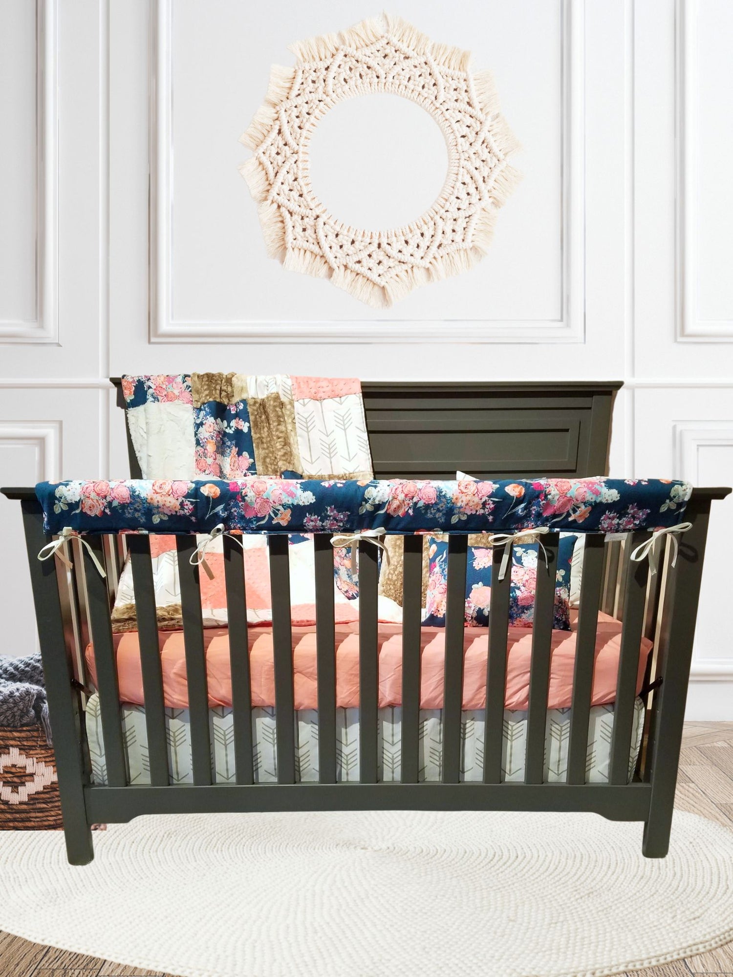 Navy Floral and Fawn Minky Baby Crib Bedding