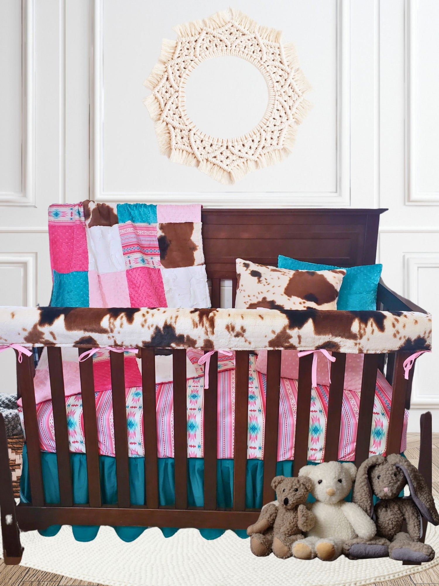 Pink Aztec, Teal Arrow, Cow Minky Western Baby Crib  Bedding