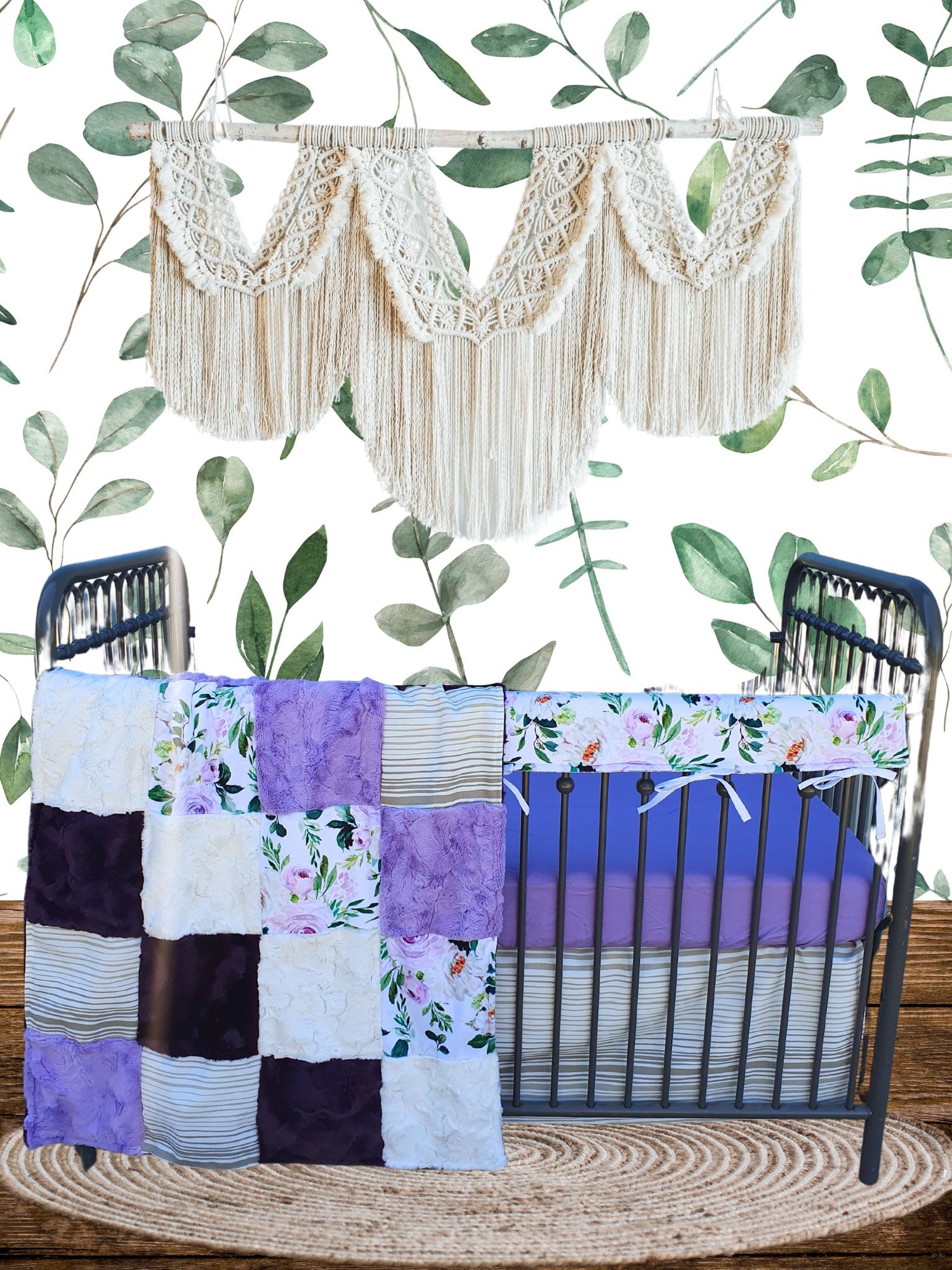 Girl Crib Bedding- Lilac Rose Boho Floral and Sandstone Stripe Baby Bedding Collection - DBC Baby Bedding Co 