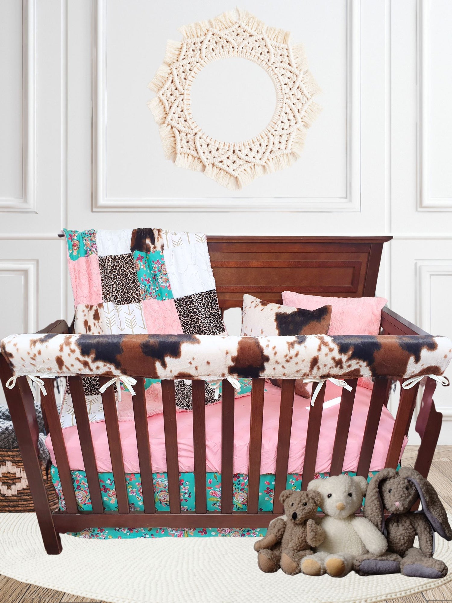 Teal Floral, Cheetah Minky, and Cow Minky Western Baby Crib Bedding