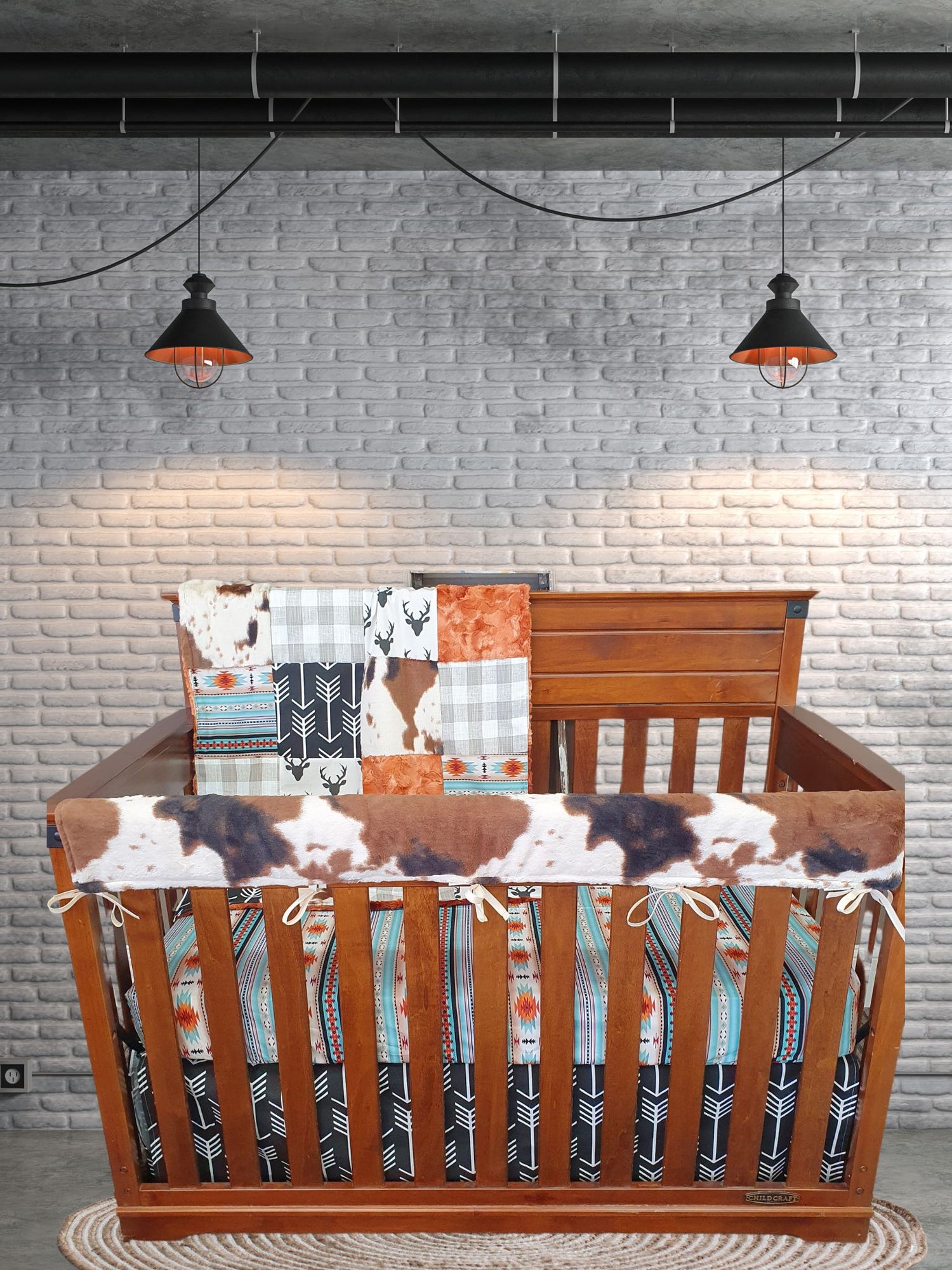 Buck, Mint Aztec, Cow Minky Western Boy Crib Bedding