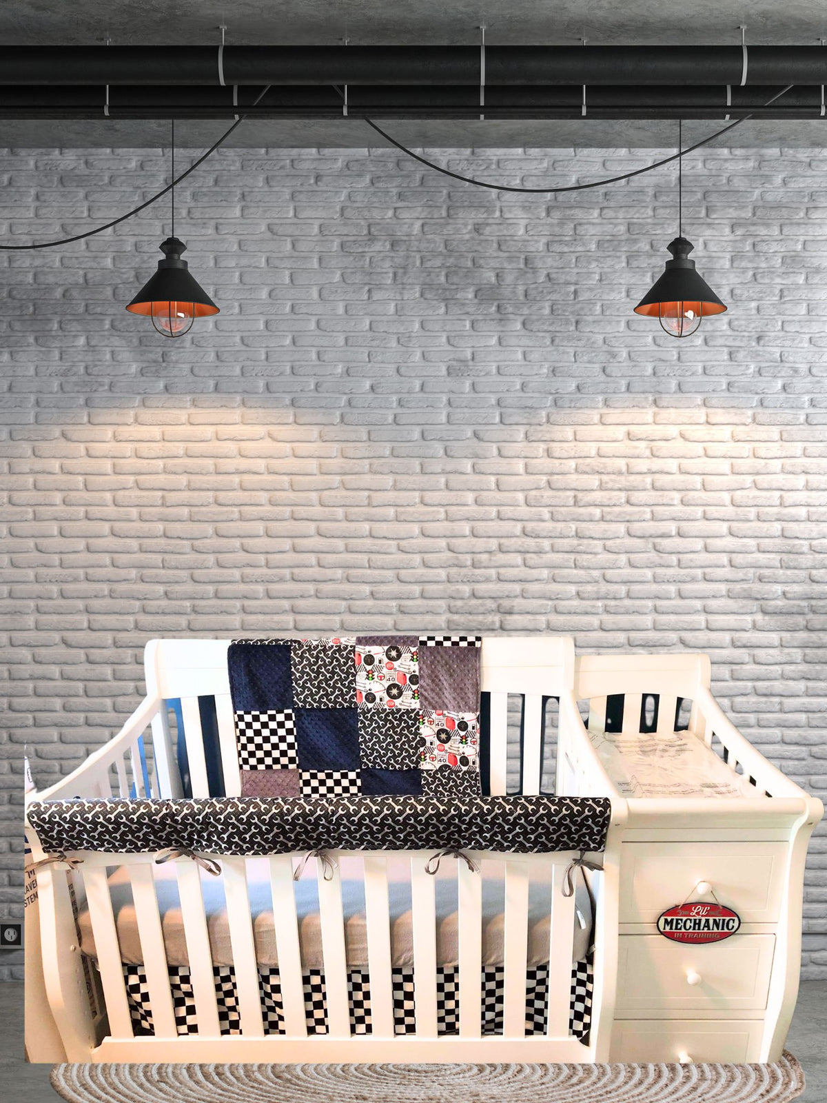 Mechanic, Tools, Race Flag Check Garage Boy Crib Bedding - DBC Baby Bedding Co 