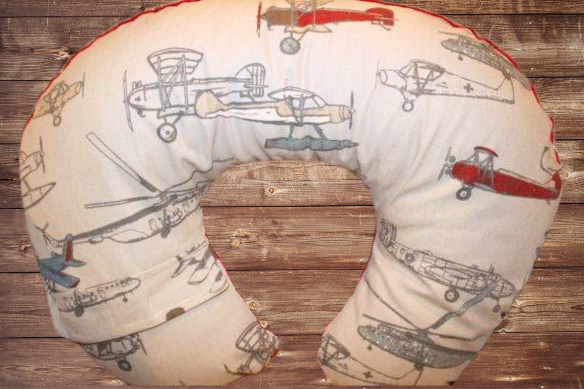 Nursing Pillow Cover - Vintage Airplane in Pewter and Gray Minky Cover - DBC Baby Bedding Co 