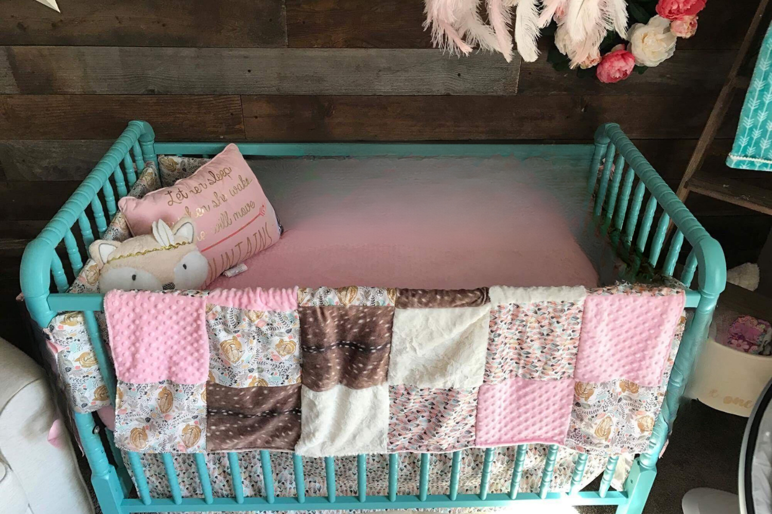 New Release Girl Crib Bedding -  Sleeping Deer and Feather Woodland Baby Bedding - DBC Baby Bedding Co 