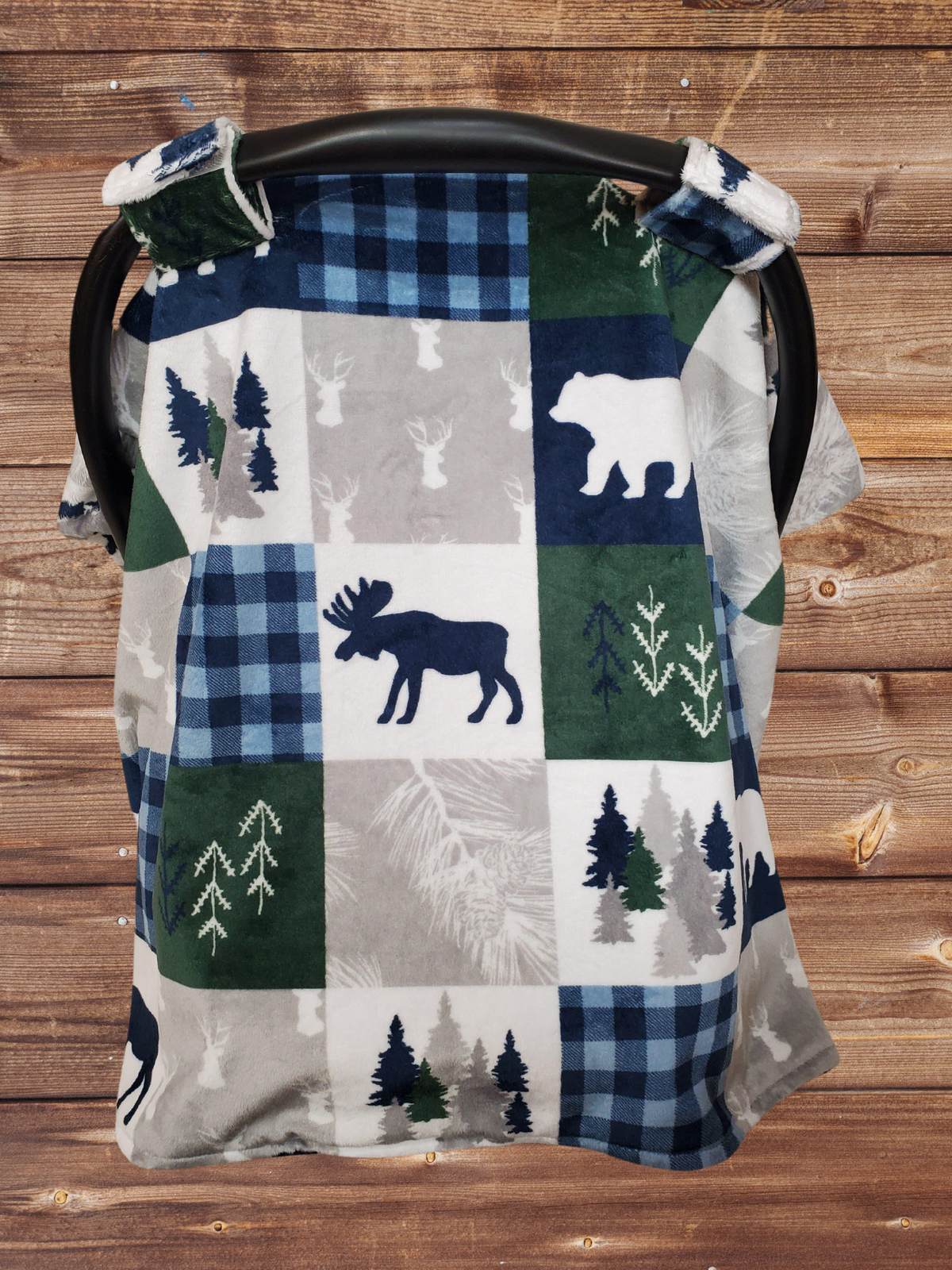 Carseat tent- Navy Moose, Bear, Deer Woodland Tent - DBC Baby Bedding Co 